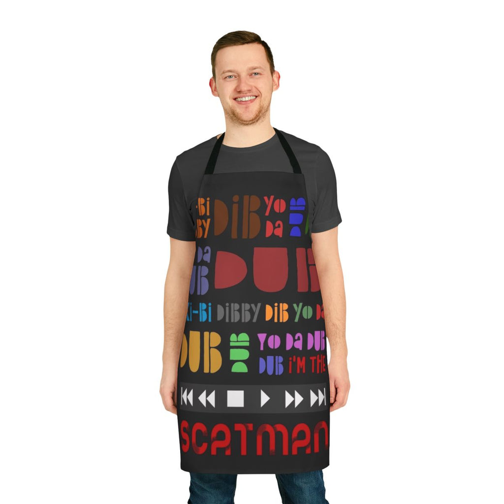 A colorful apron featuring the iconic Scatman John lyrics from the 90s hit song.
