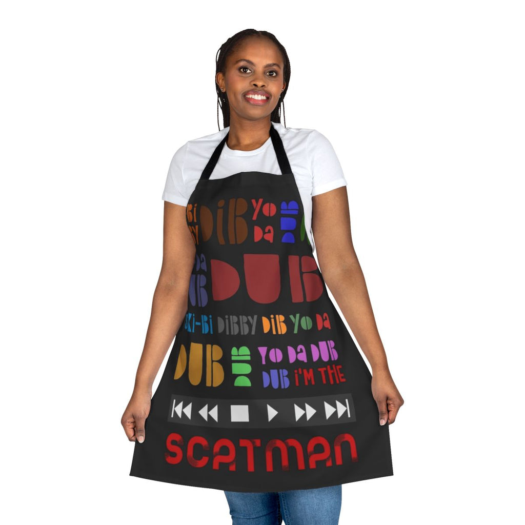 A colorful apron featuring the iconic Scatman John lyrics from the 90s hit song.