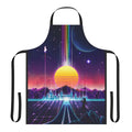 Retro sci-fi aesthetic apron with a neon sunrise design featuring space, cyberpunk, and vaporwave elements.