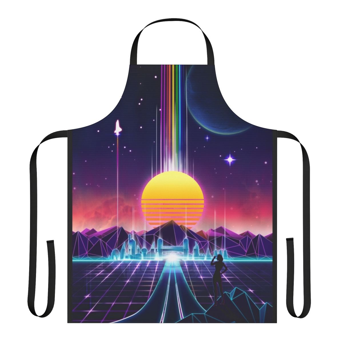 Retro sci-fi aesthetic apron with a neon sunrise design featuring space, cyberpunk, and vaporwave elements.