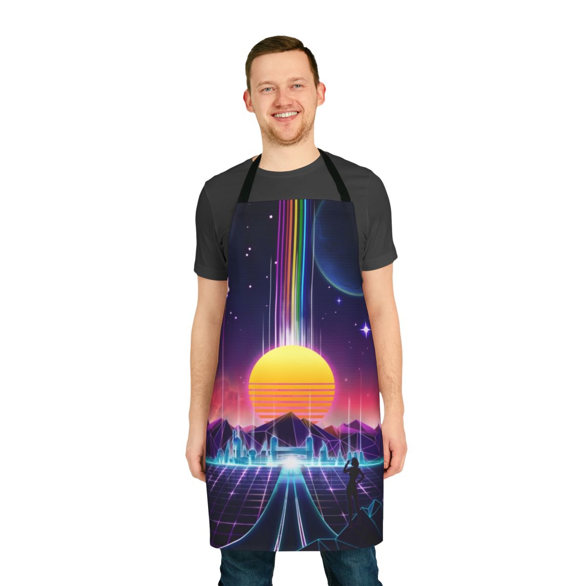 Retro sci-fi aesthetic apron with a neon sunrise design featuring space, cyberpunk, and vaporwave elements.