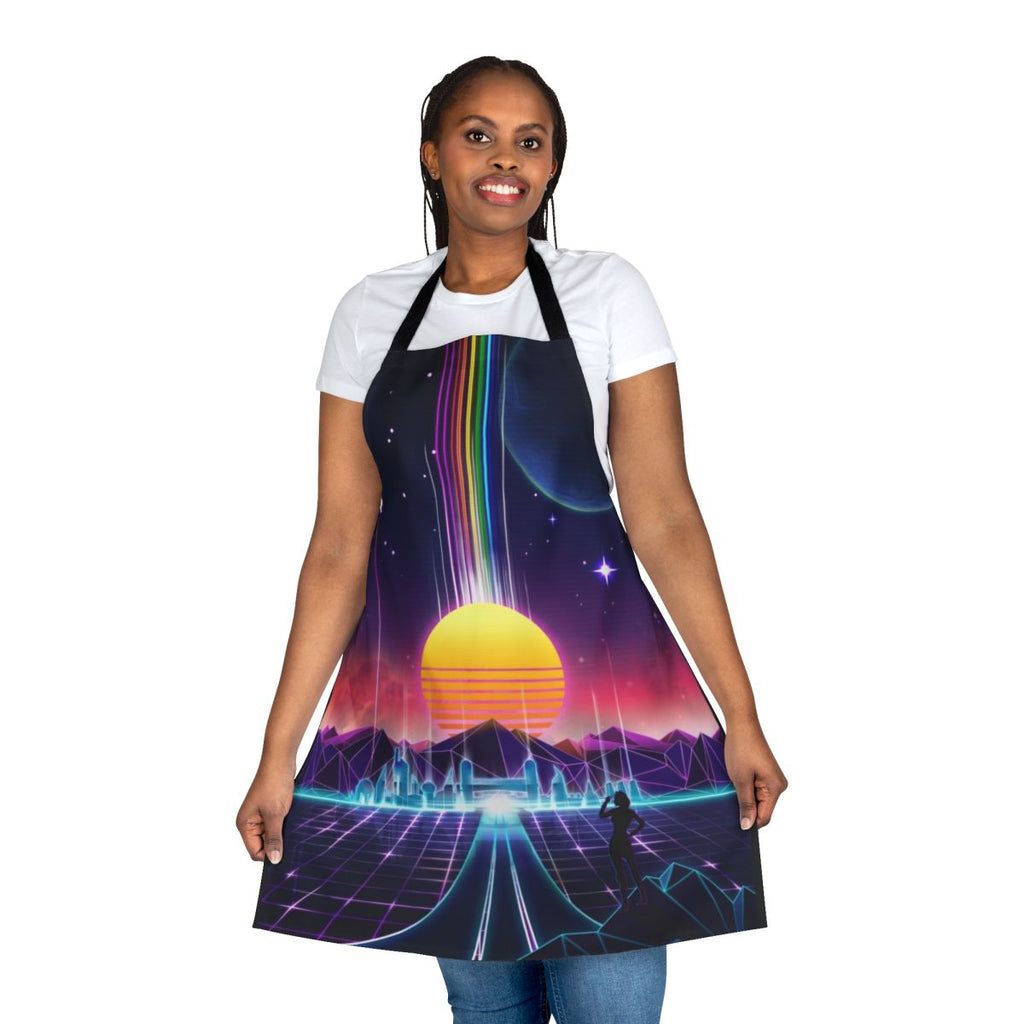 Retro sci-fi aesthetic apron with a neon sunrise design featuring space, cyberpunk, and vaporwave elements.