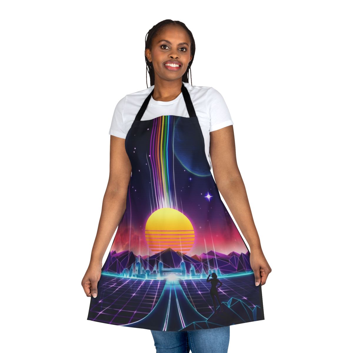 Retro sci-fi aesthetic apron with a neon sunrise design featuring space, cyberpunk, and vaporwave elements.