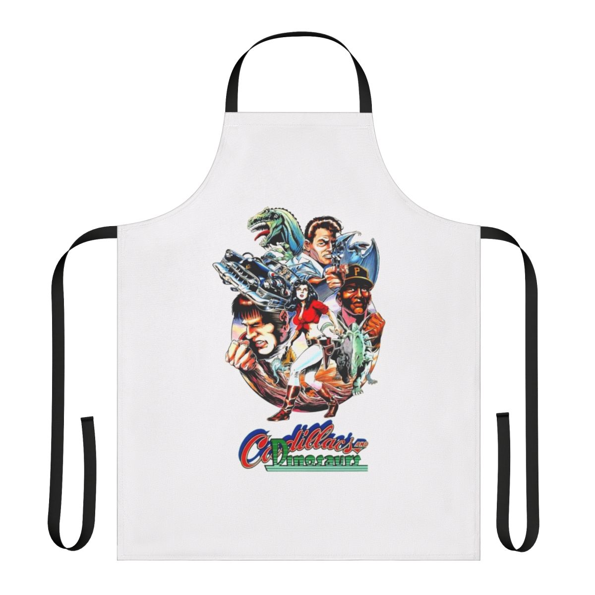 Stylized apron depicting characters and vehicles from the 1980s Cadillacs and Dinosaurs cartoon series