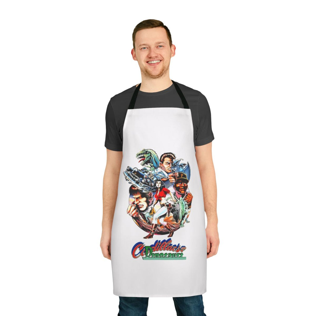 Stylized apron depicting characters and vehicles from the 1980s Cadillacs and Dinosaurs cartoon series