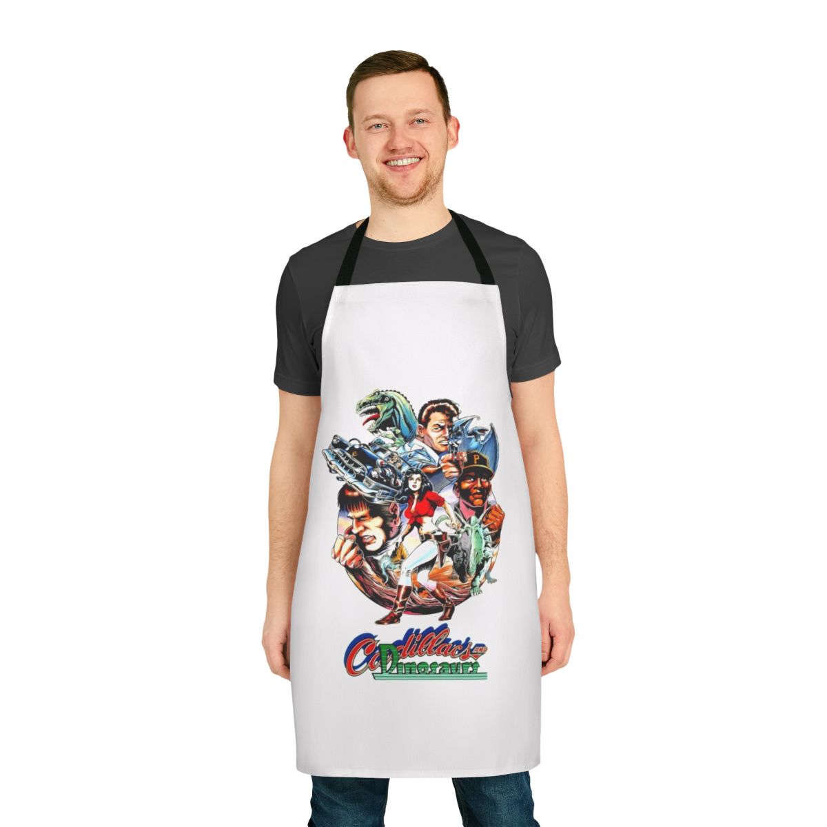 Stylized apron depicting characters and vehicles from the 1980s Cadillacs and Dinosaurs cartoon series