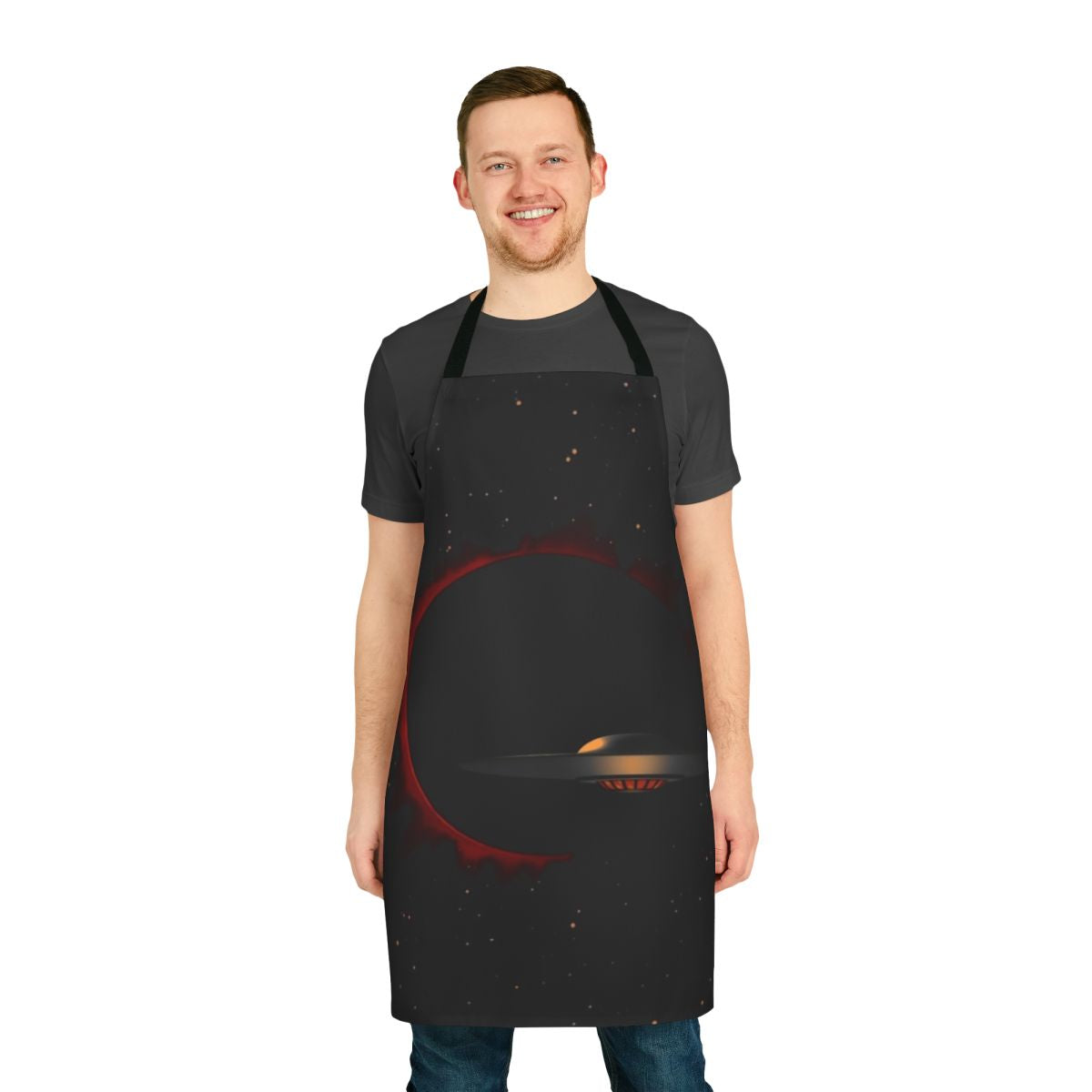 Retro sci-fi inspired apron featuring the iconic C-57D spacecraft from Forbidden Planet