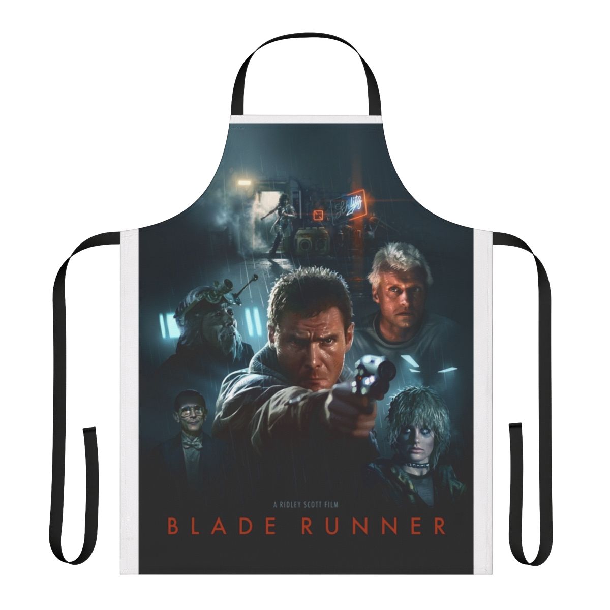 Retro sci-fi inspired cooking apron with Blade Runner and steampunk design elements