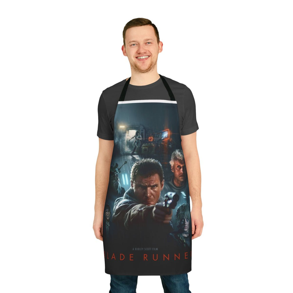 Retro sci-fi inspired cooking apron with Blade Runner and steampunk design elements
