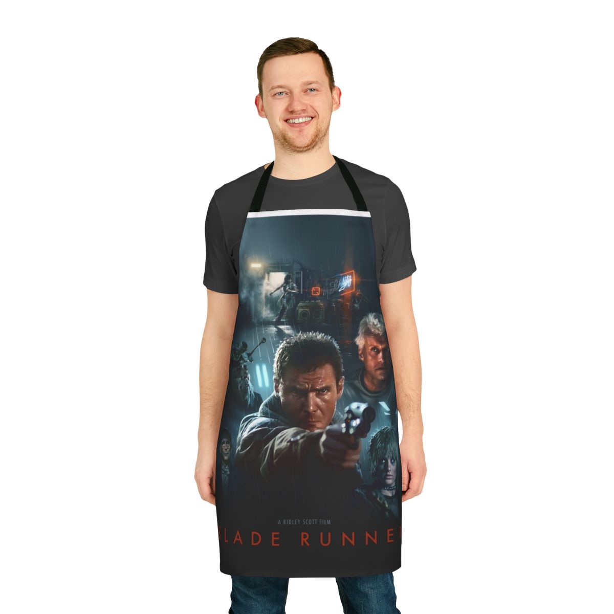 Retro sci-fi inspired cooking apron with Blade Runner and steampunk design elements