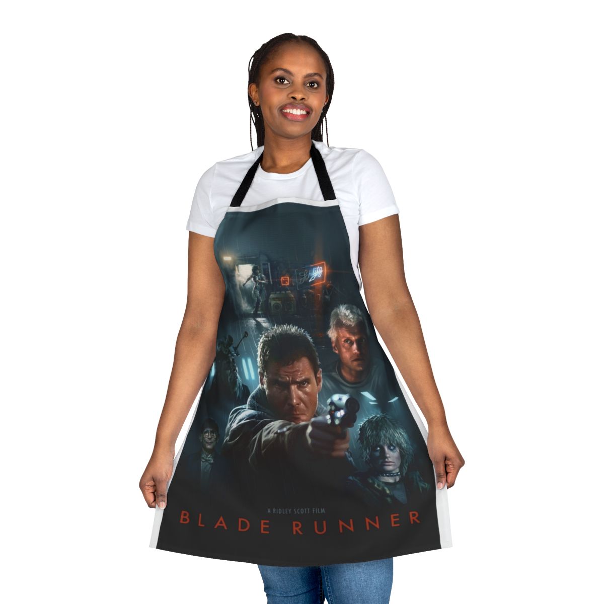 Retro sci-fi inspired cooking apron with Blade Runner and steampunk design elements