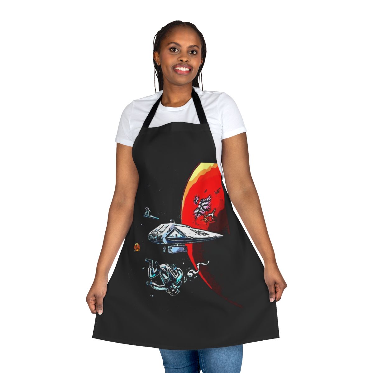 Retro sci-fi inspired apron featuring the Dark Star spacecraft from the 1970s cult classic film