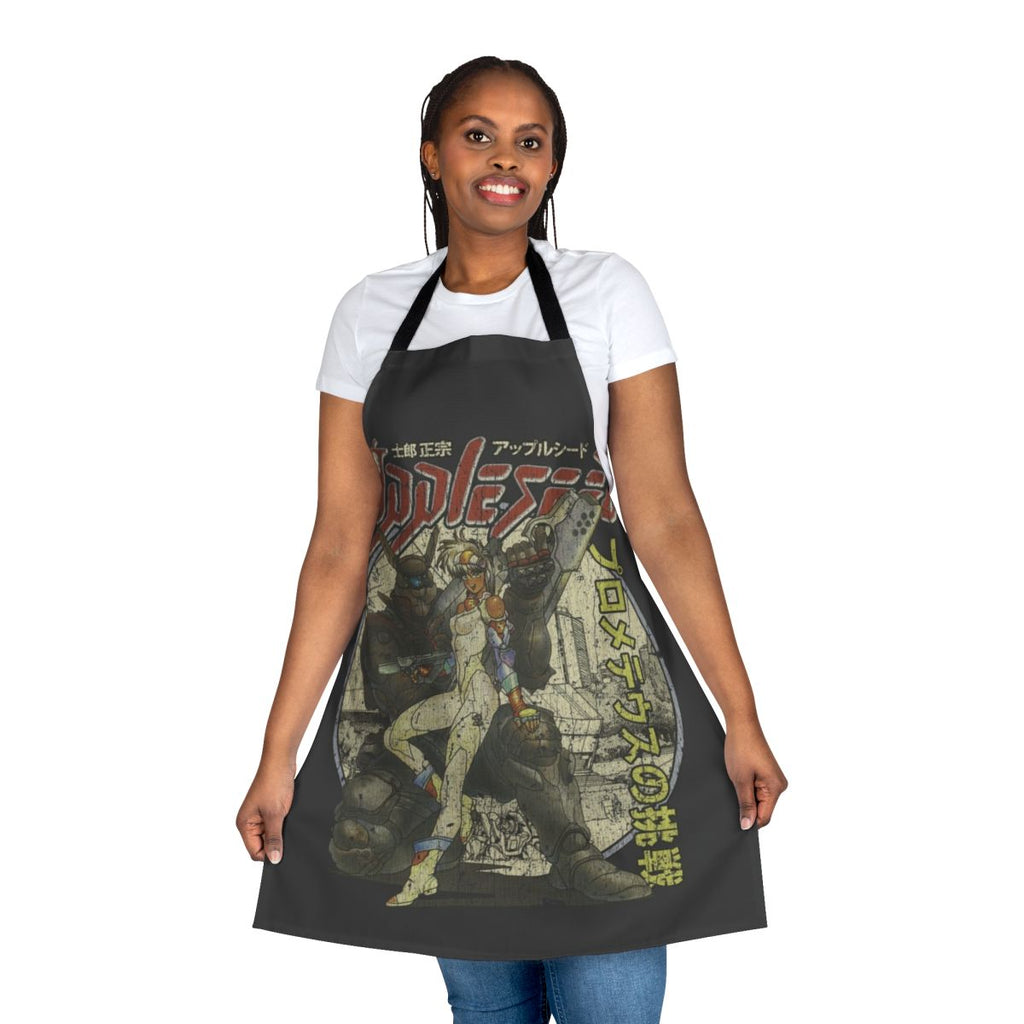 Retro sci-fi inspired apron featuring Appleseed manga and anime imagery