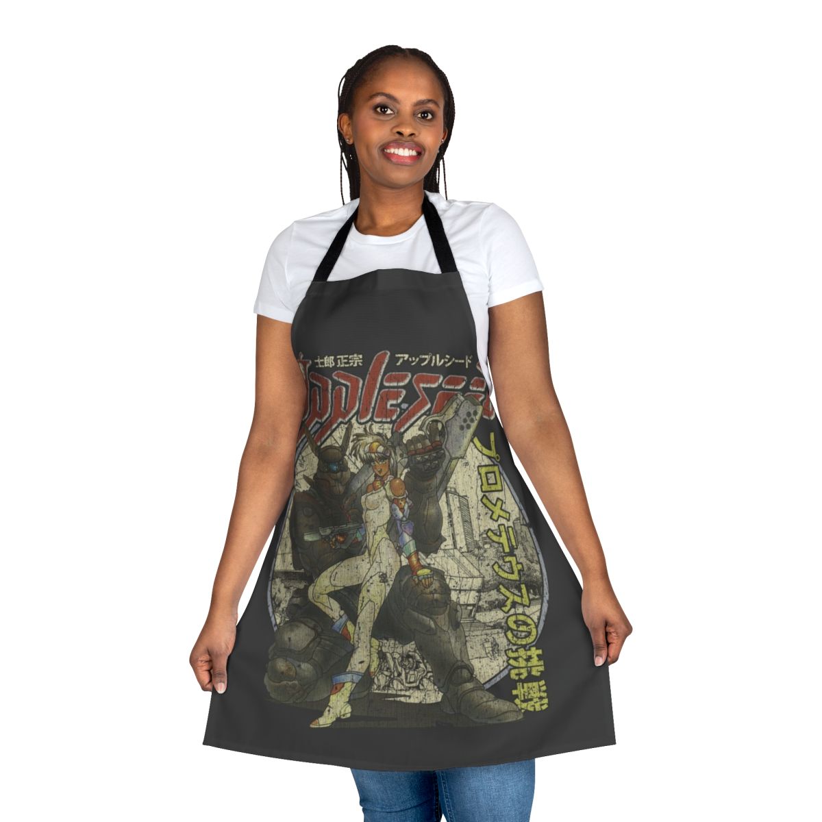 Retro sci-fi inspired apron featuring Appleseed manga and anime imagery