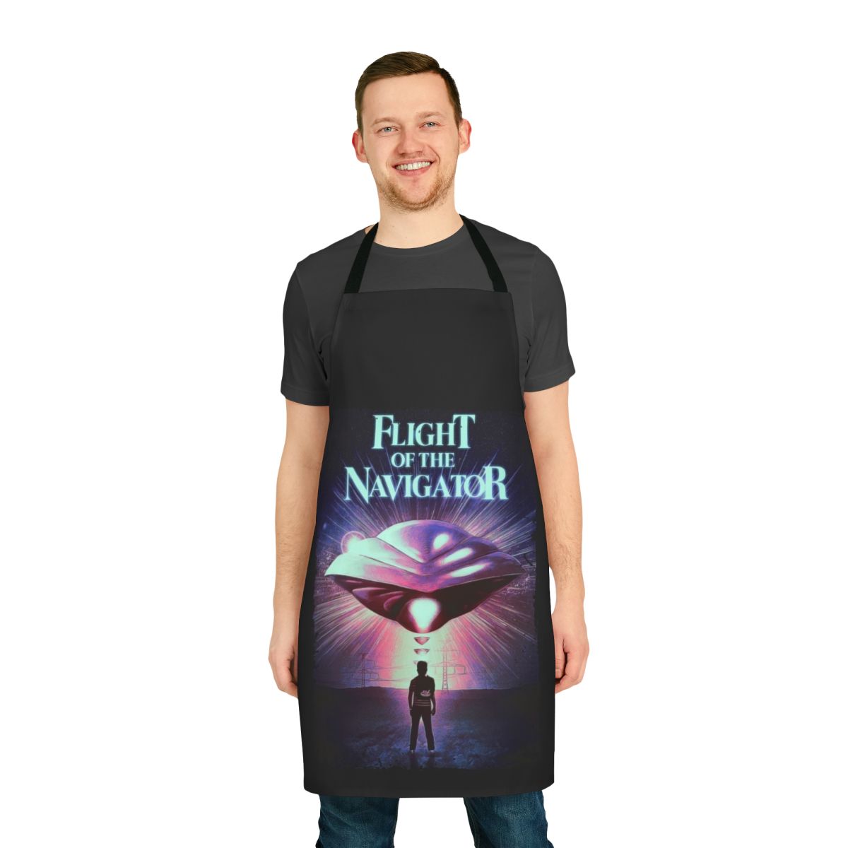 Retro sci-fi apron with a design inspired by the 1986 film Flight of the Navigator