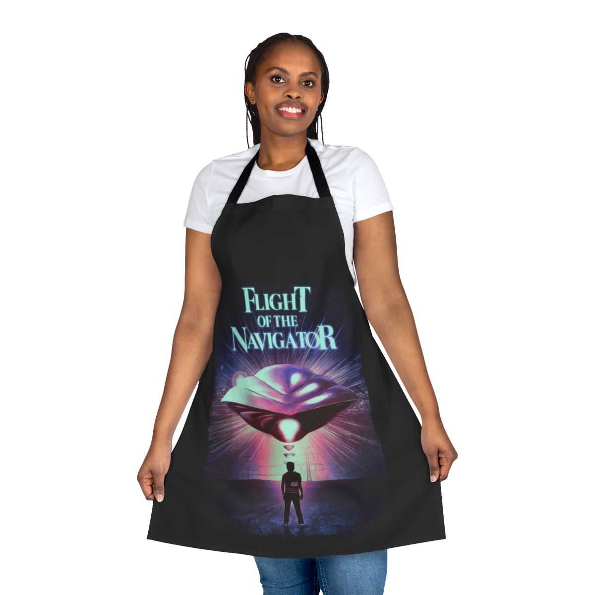 Retro sci-fi apron with a design inspired by the 1986 film Flight of the Navigator