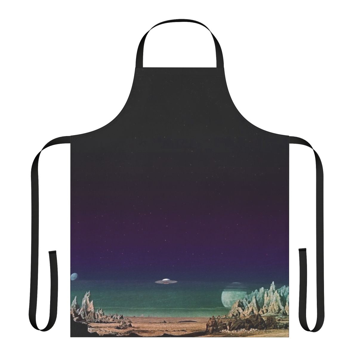 Futuristic sci-fi inspired apron with retro space ship and alien graphics
