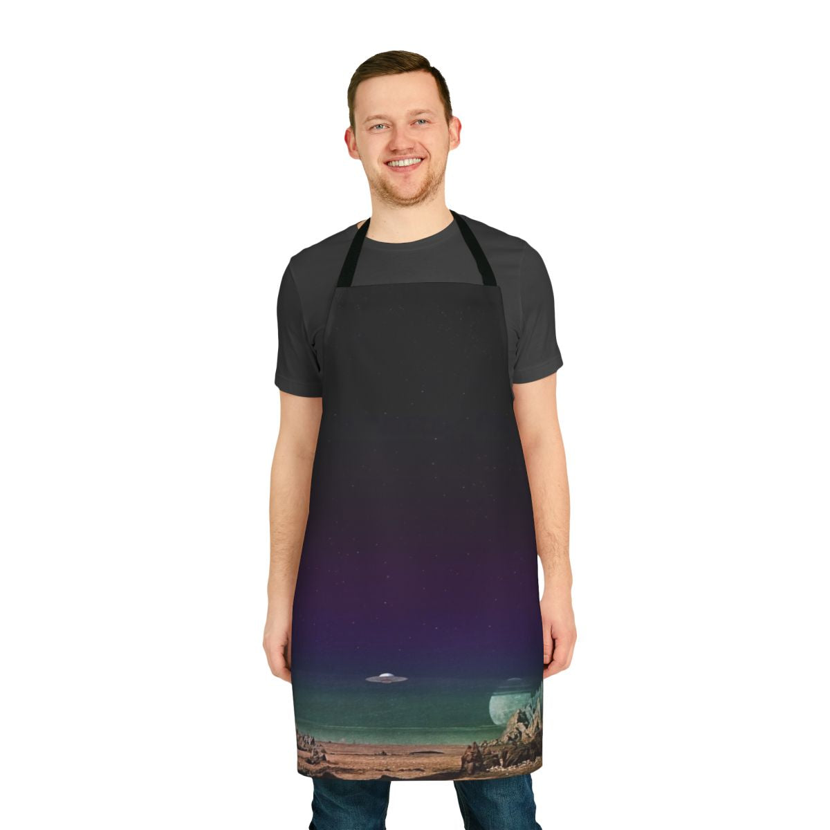 Futuristic sci-fi inspired apron with retro space ship and alien graphics