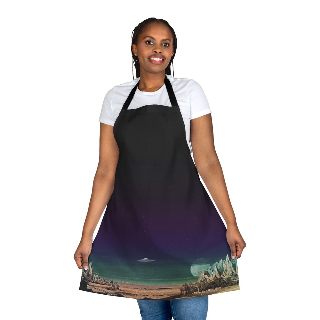 Futuristic sci-fi inspired apron with retro space ship and alien graphics
