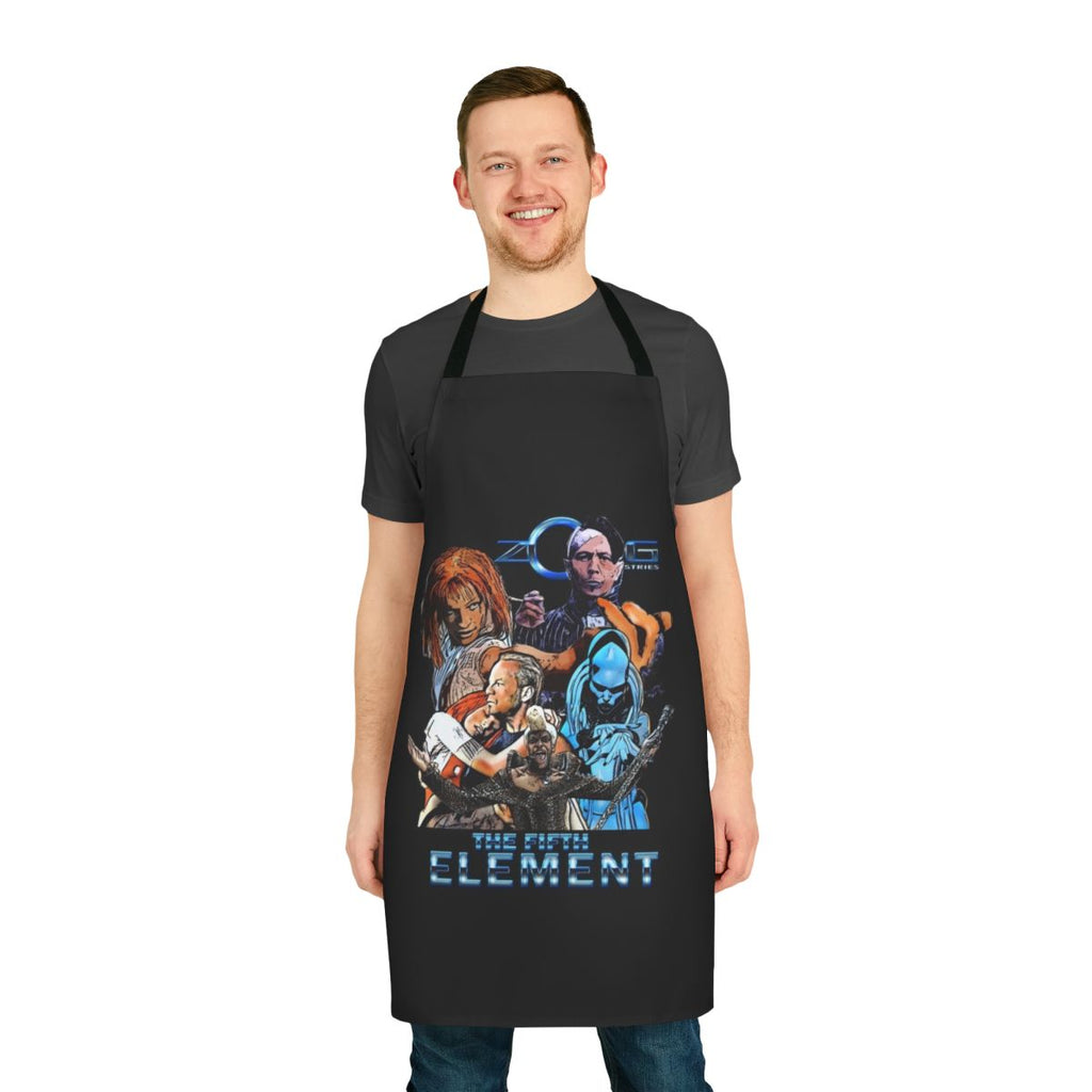 Retro science fiction-themed apron with Zorg Industries logo