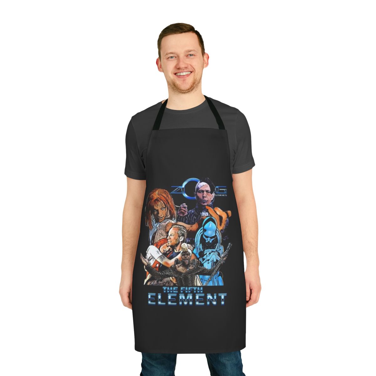 Retro science fiction-themed apron with Zorg Industries logo