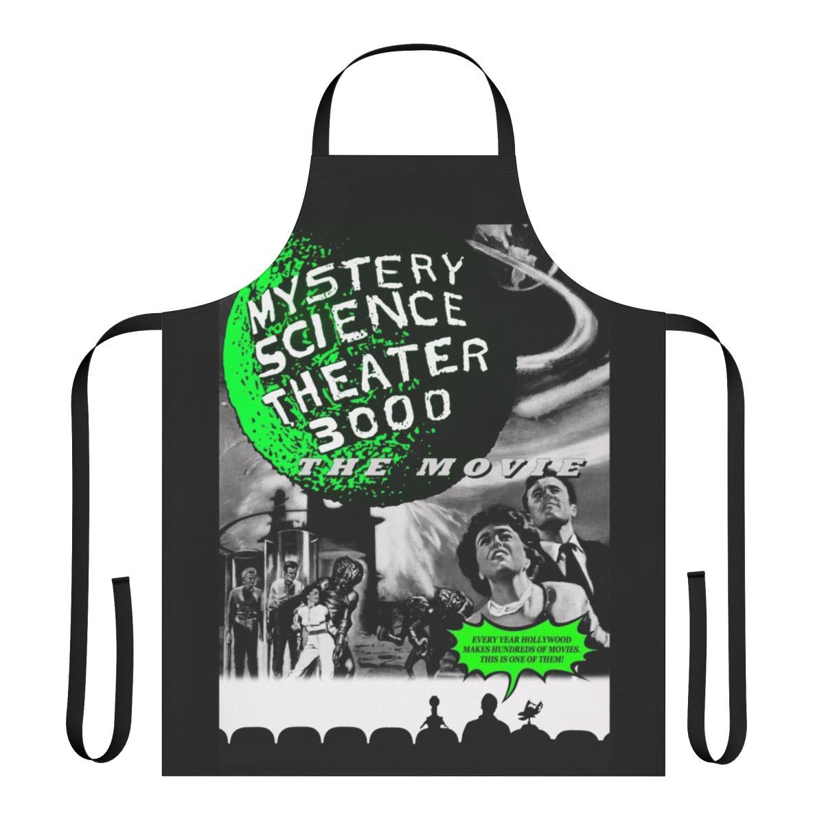 Retro-inspired black and white poster design apron featuring Mystery Science Theater 3000 characters and imagery