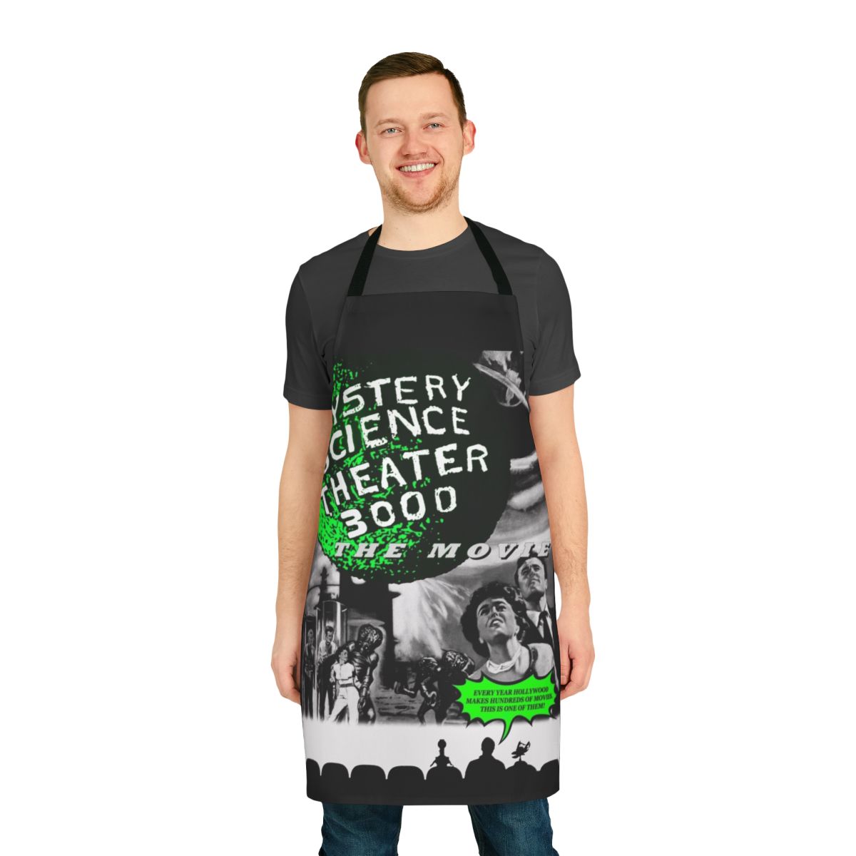 Retro-inspired black and white poster design apron featuring Mystery Science Theater 3000 characters and imagery
