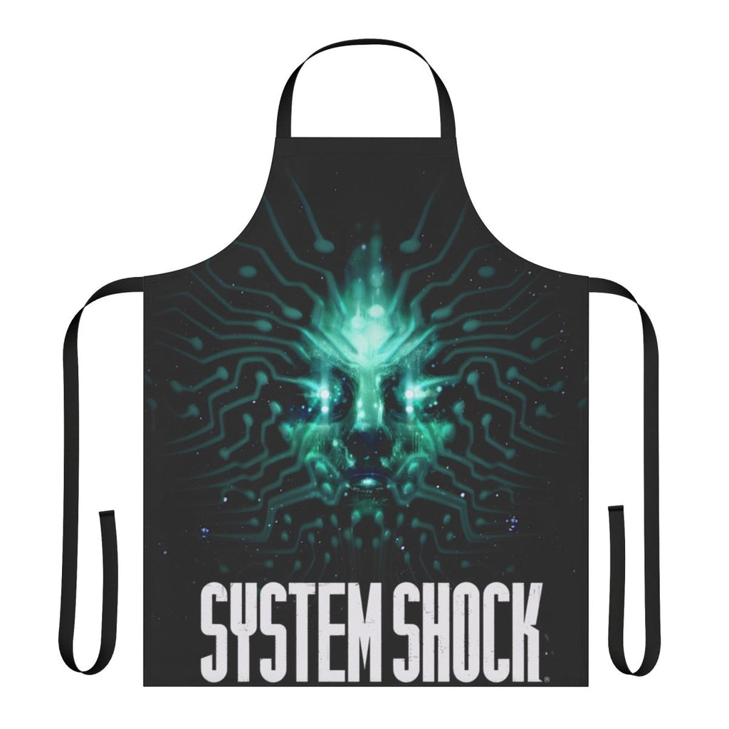 A sleek and stylish apron featuring the iconic System Shock logo and design elements.