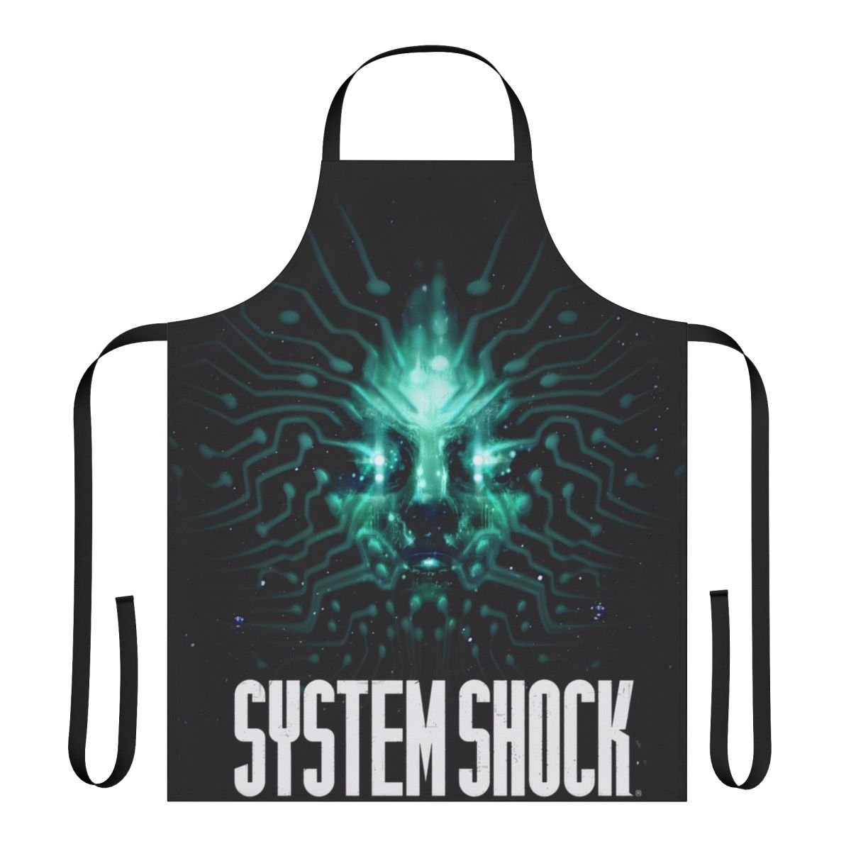 A sleek and stylish apron featuring the iconic System Shock logo and design elements.