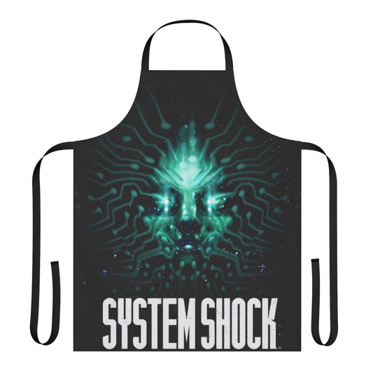 A sleek and stylish apron featuring the iconic System Shock logo and design elements.
