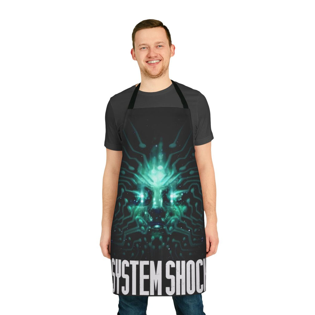 A sleek and stylish apron featuring the iconic System Shock logo and design elements.
