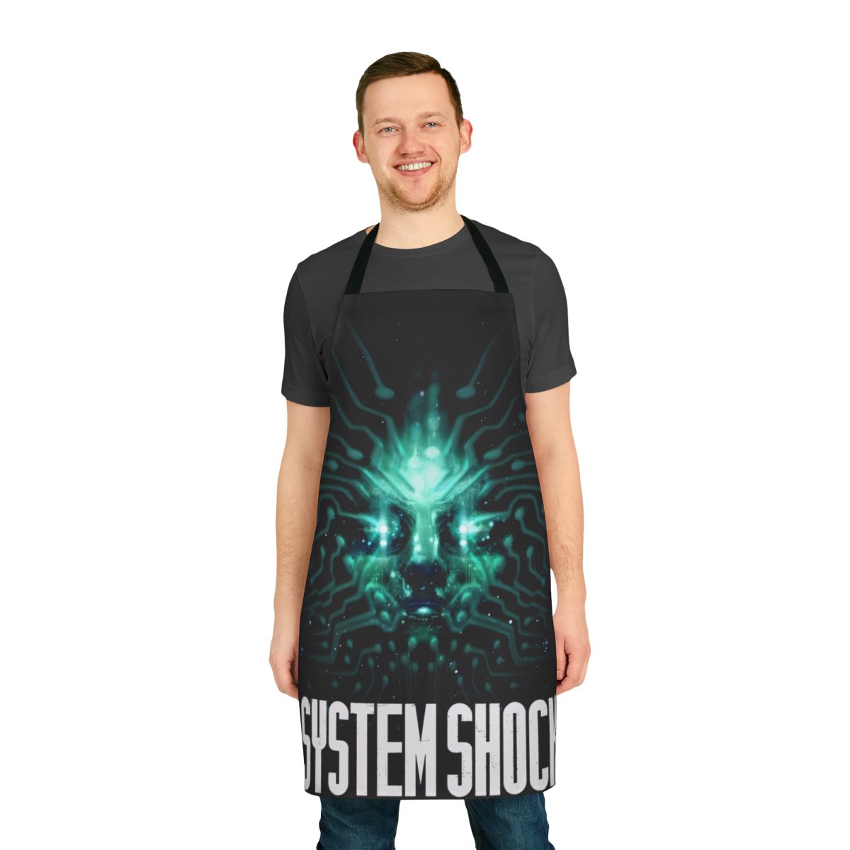 A sleek and stylish apron featuring the iconic System Shock logo and design elements.