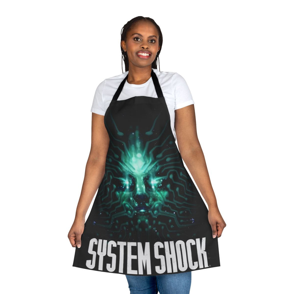 A sleek and stylish apron featuring the iconic System Shock logo and design elements.