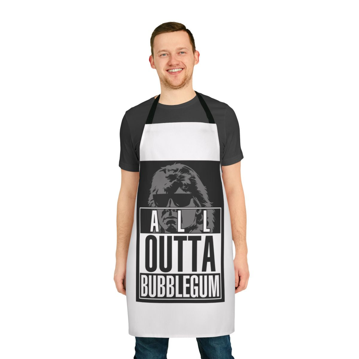 Retro sci-fi inspired "They Live" parody apron with obey, consume, and alien graphic