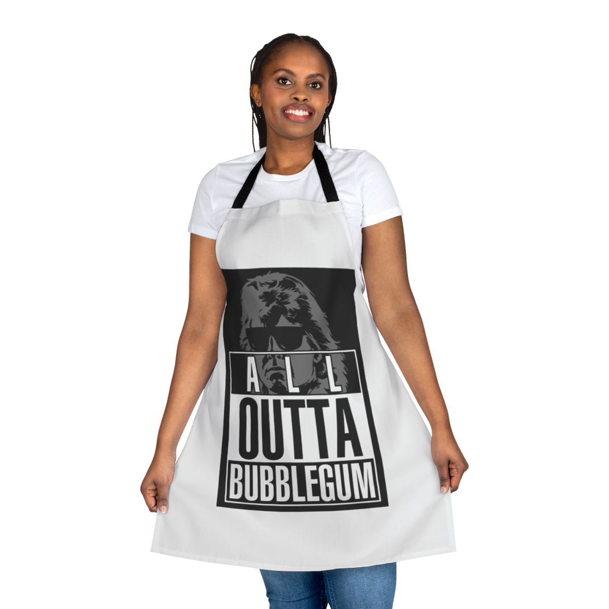 Retro sci-fi inspired "They Live" parody apron with obey, consume, and alien graphic
