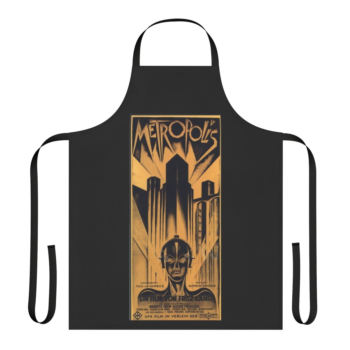Apron featuring the iconic imagery and style of the classic German science fiction film Metropolis directed by Fritz Lang