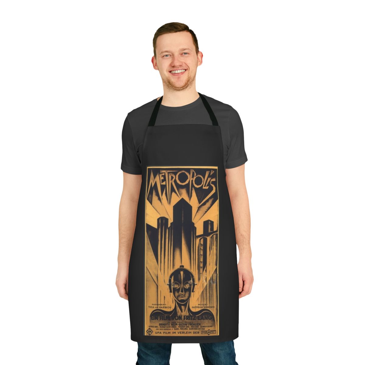 Apron featuring the iconic imagery and style of the classic German science fiction film Metropolis directed by Fritz Lang