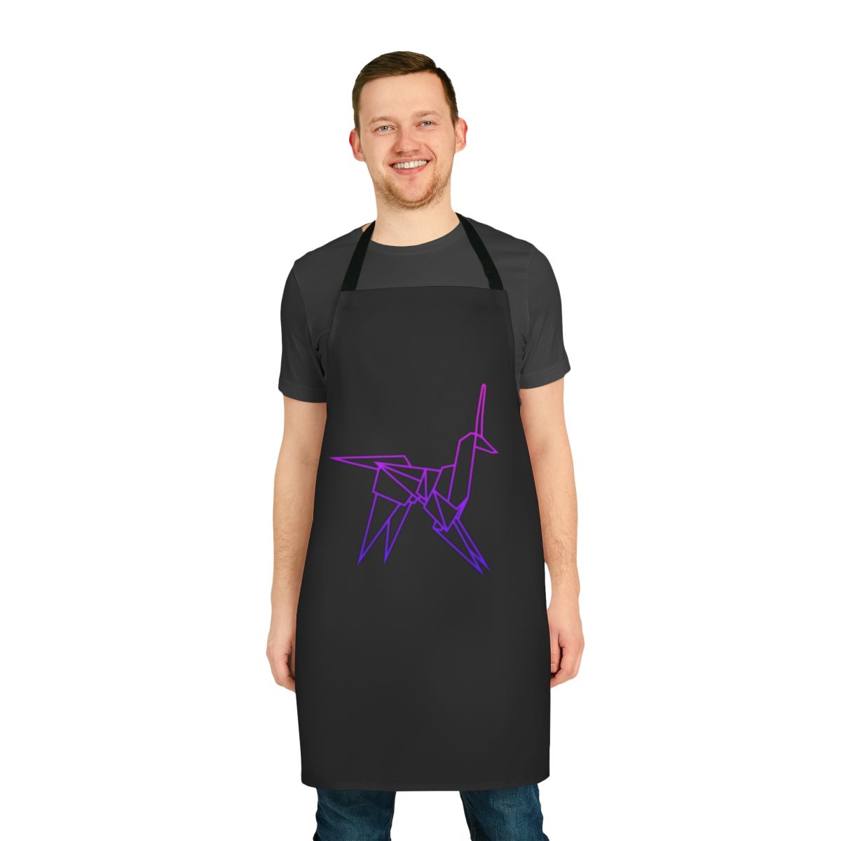 Retro sci-fi style apron featuring an origami unicorn design inspired by Blade Runner