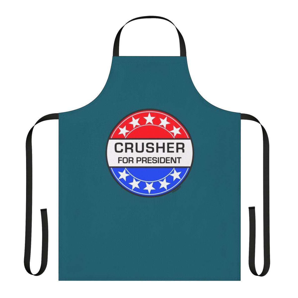 Retro sci-fi themed apron with "Crusher For President" design