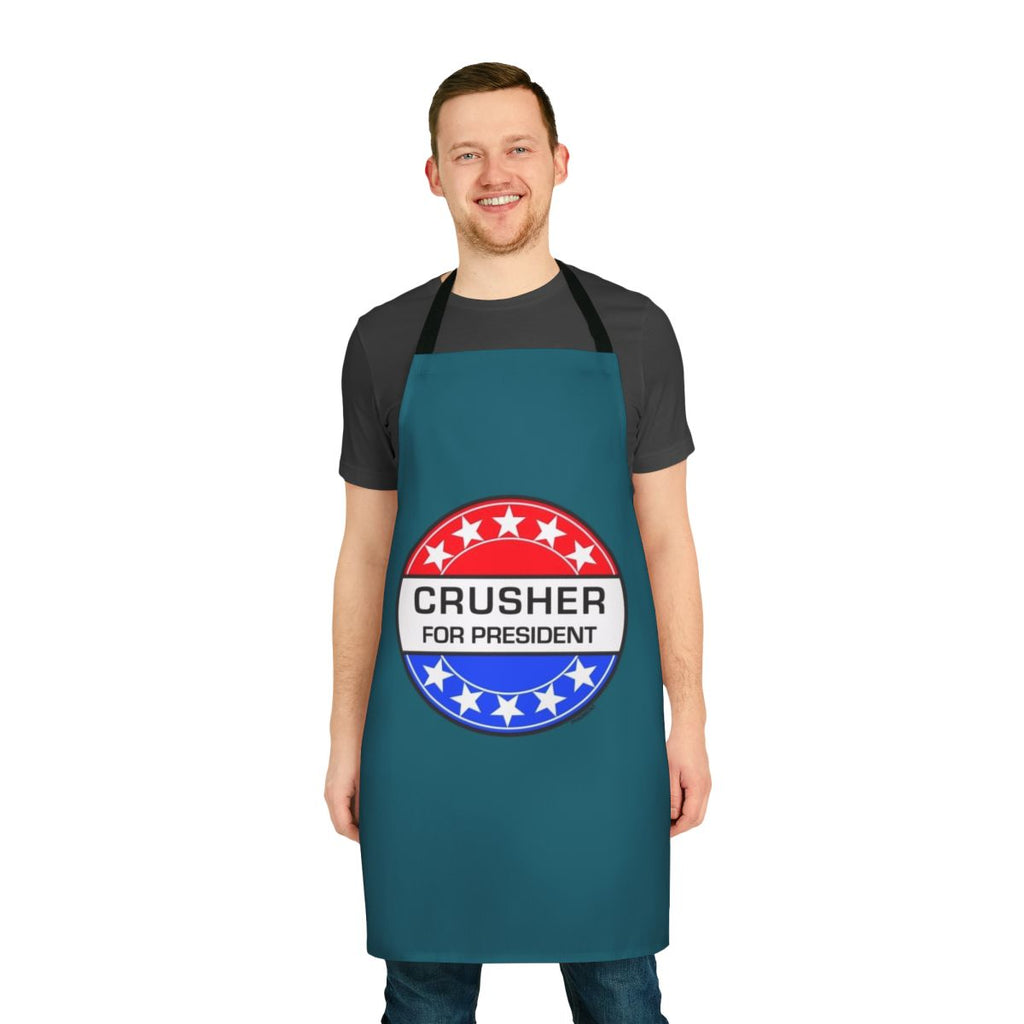 Retro sci-fi themed apron with "Crusher For President" design