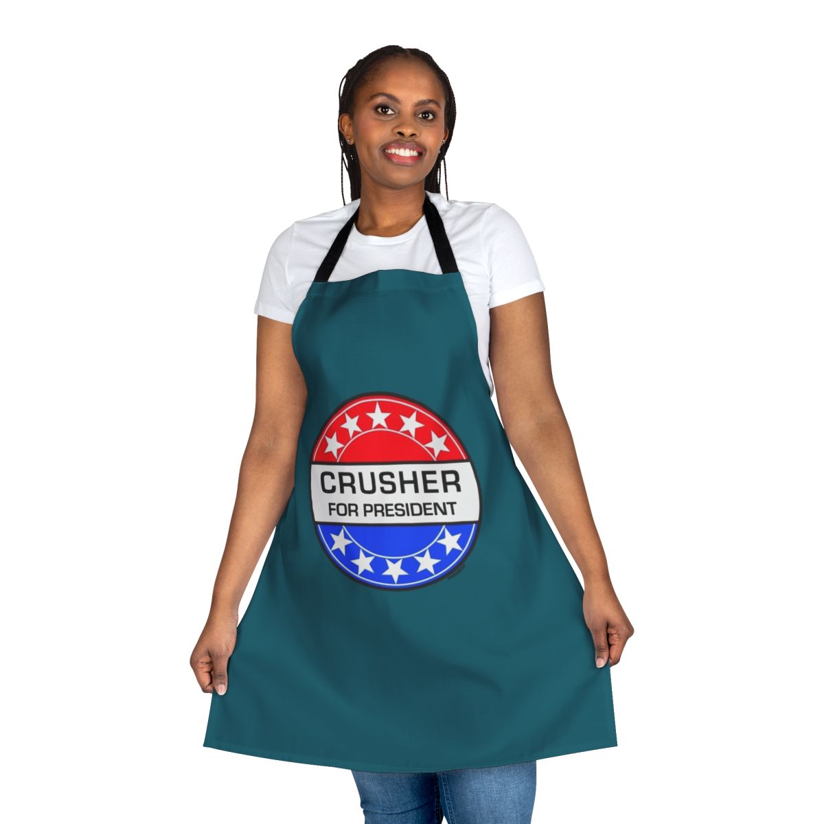 Retro sci-fi themed apron with "Crusher For President" design