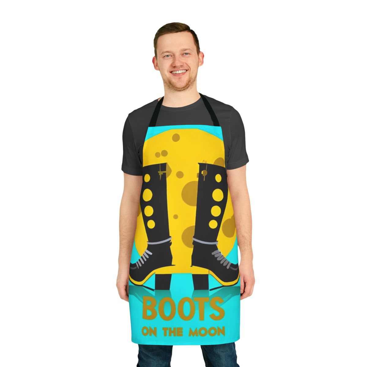 Retro science fiction apron with space boots and moon imagery, inspired by the hit Netflix series Stranger Things