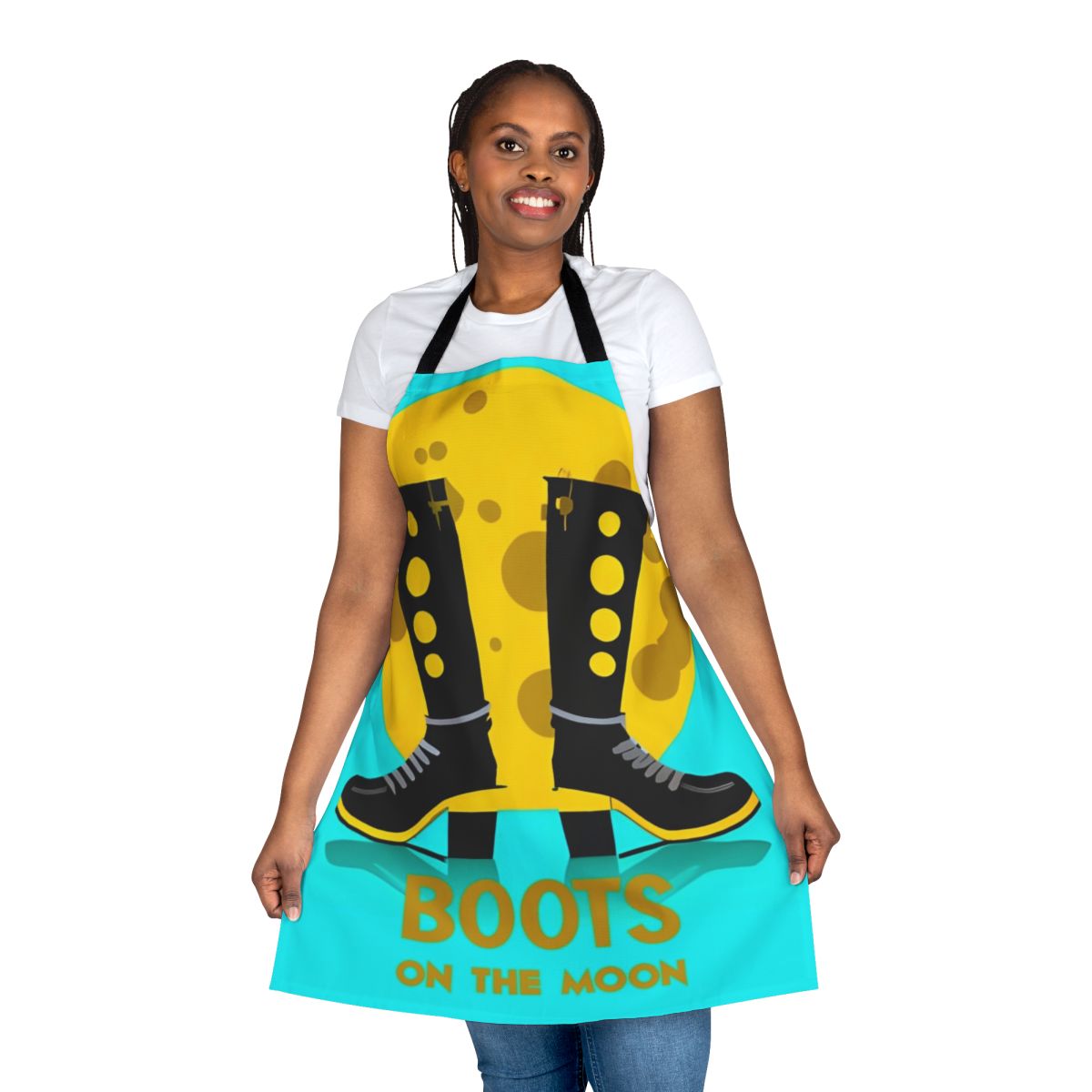 Retro science fiction apron with space boots and moon imagery, inspired by the hit Netflix series Stranger Things