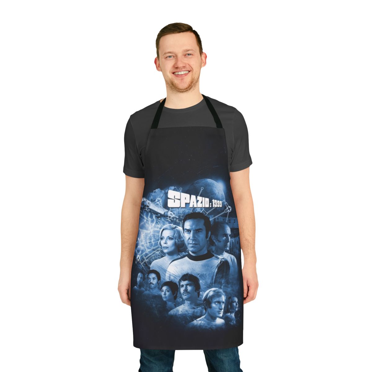 Retro sci-fi inspired apron featuring the Spazio 1999 logo from the 1970s TV series Space 1999.