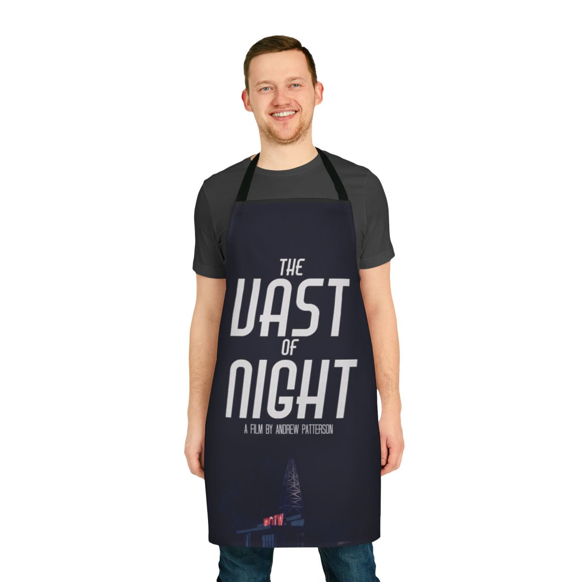 Retro sci-fi themed apron featuring fan art inspired by the movie "The Vast of Night"