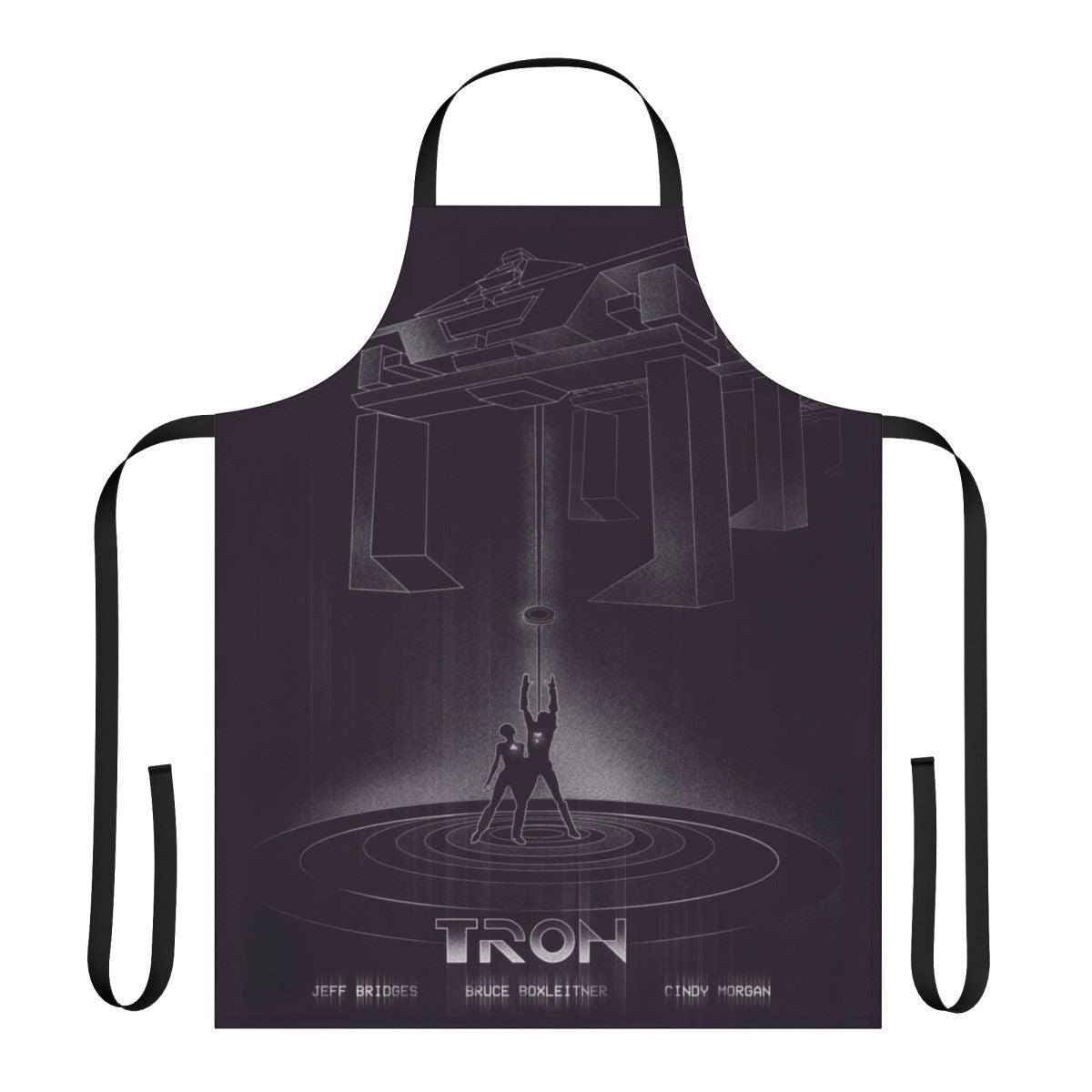 Tron-inspired retro sci-fi apron with futuristic robot and bike graphics