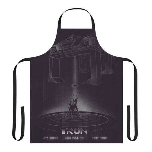 Tron-inspired retro sci-fi apron with futuristic robot and bike graphics