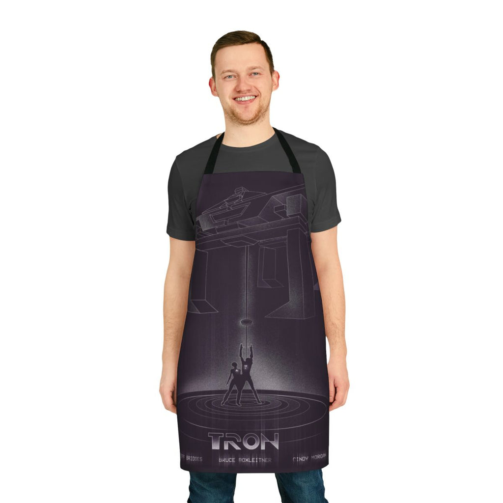 Tron-inspired retro sci-fi apron with futuristic robot and bike graphics