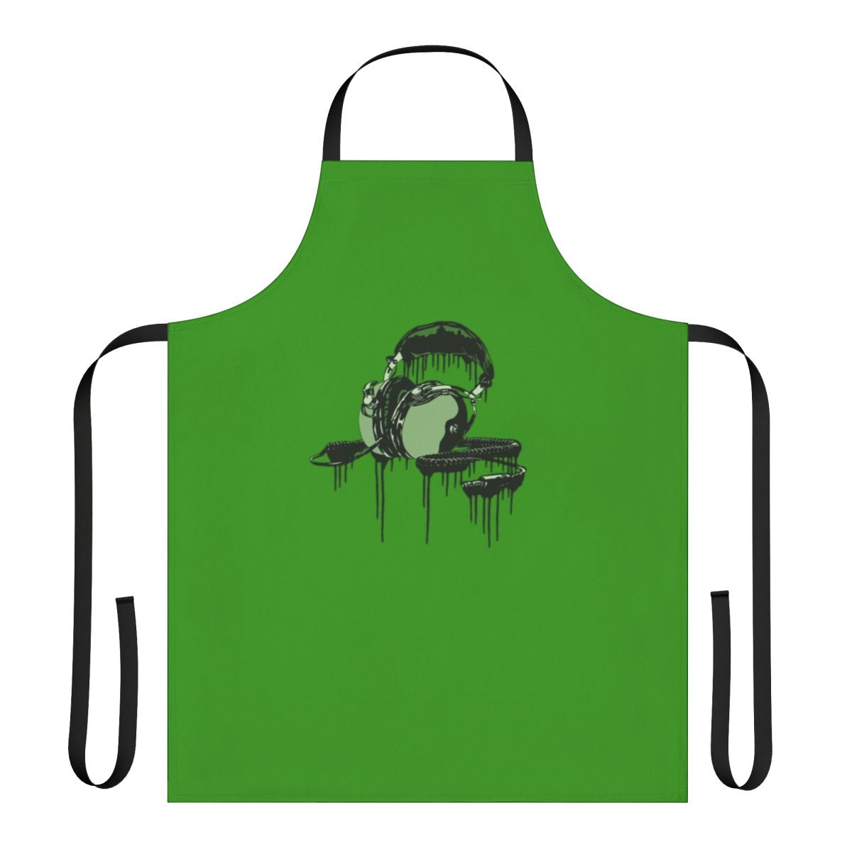 Retro-style apron featuring a seashell and sound wave graphic design inspired by 1970s album covers and headphones