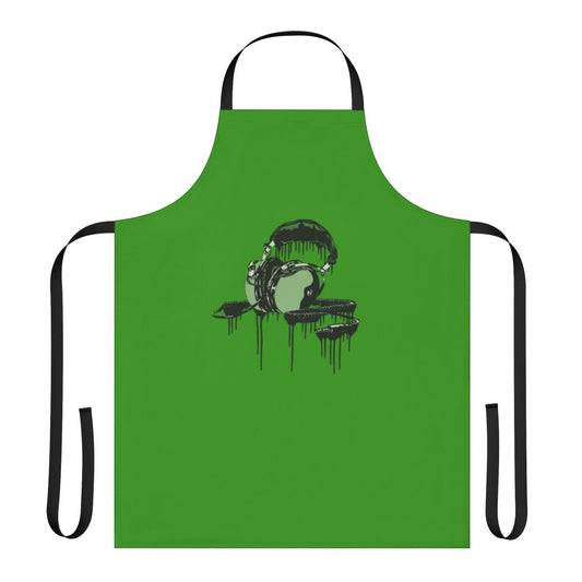 Retro-style apron featuring a seashell and sound wave graphic design inspired by 1970s album covers and headphones